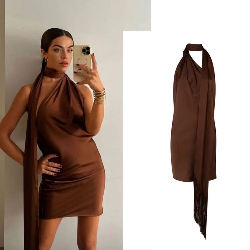 Rat & Boa Brown Serafia Scarf Neck Tie Backless Mini Dress